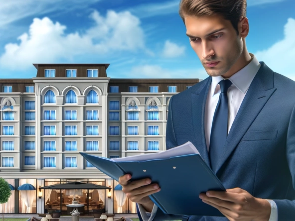 imagen realista de un especialista en avalúos masculino, vestido formalmente, analizando un hotel para evaluar su valor por segunda vez. el especialista